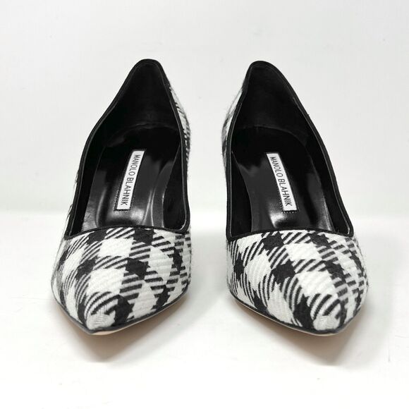 Manolo Blahnik BB Houndstooth Wool Pumps 39.5 Black White Heels - Picture 4 of 9